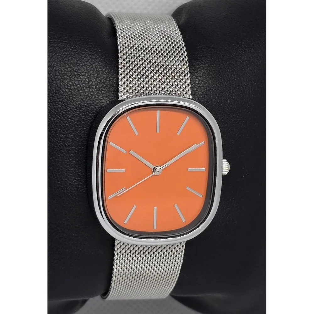 Women’s Bislay Minimalistic Orange Dial Silver Tone Case Mesh Band Watch 13 - Picture 3 of 8